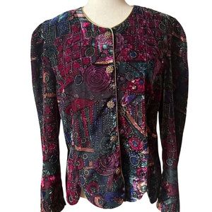 Vintage Floral Velvet Jacket L burgundy Holiday Festive FALL